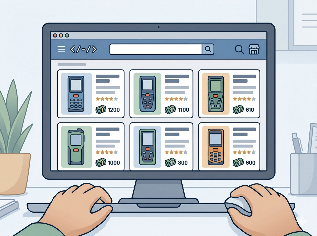 通販サイトでレーザー距離計の商品一覧を確認しているイメージイラスト(AI生成画像)